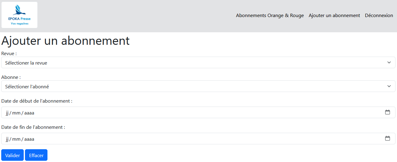 page d'ajout d'abonnement